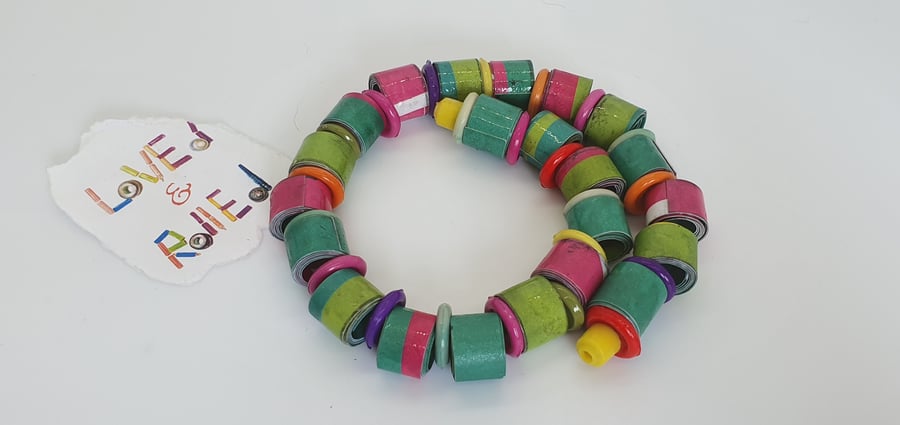 Fun and colourful memory wire  paper beaded bracelet 
