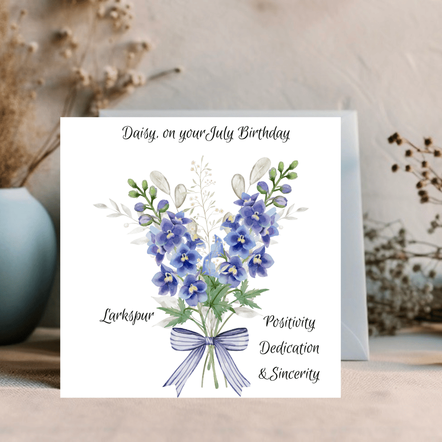 July Birthday Card , personalised, Birth Flower Birthday Card, Larkspur