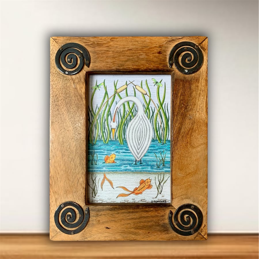 Framed Original River Scene Drawing – Heron & Fish Illustration