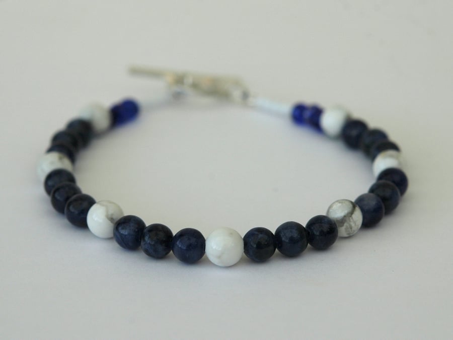 Sodalite and White Howlite Beaded Bracelet with Sterling Silver, Medium