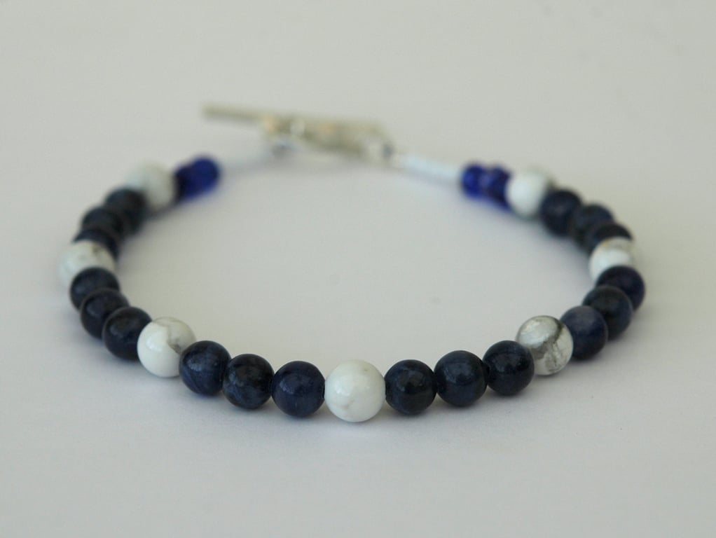 Sodalite and White Howlite Beaded Bracelet with Sterling Silver, Medium