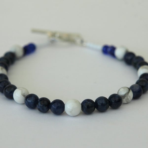 Sodalite and White Howlite Beaded Bracelet with Sterling Silver, Medium