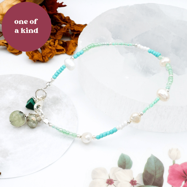 Pearl Bracelet - Pastel Green Freshwater Pearl Sterling Silver Malachite Charm