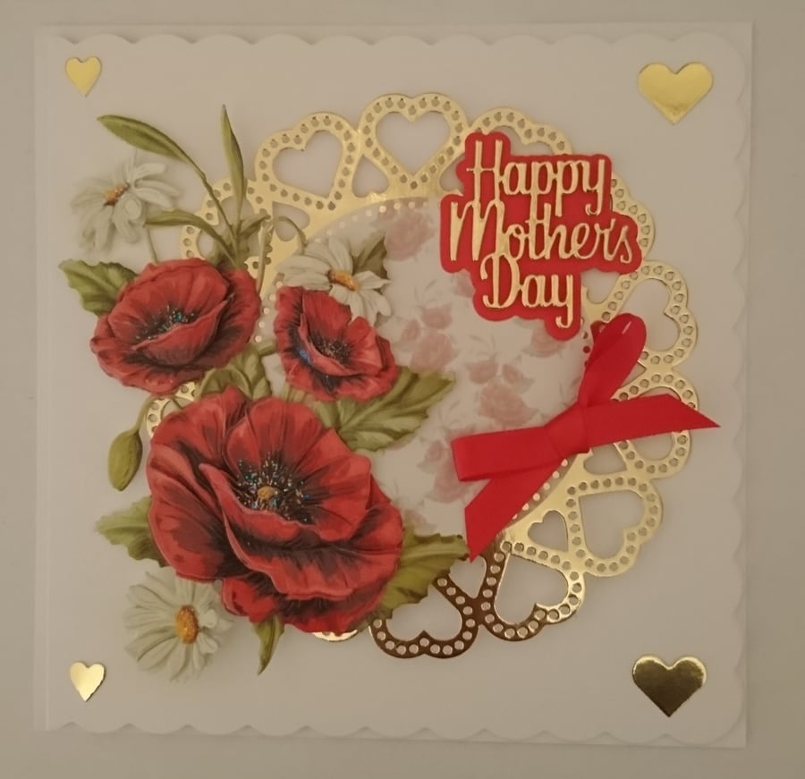 Happy Mother's Day Card Red Poppies with Gold Hearts 3D Luxury Handmade Card