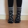 Hand Knit Wool Grey Black Socks Scandinavian Baltic Fair Isle Patterned Winter 