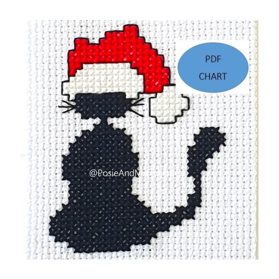 Image of Black Cat Santa Hat Cross Stitch Chart (PDF Pattern)