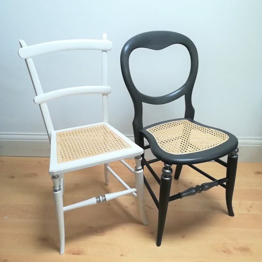 Antique chair in white chalk paint, re-caned seat