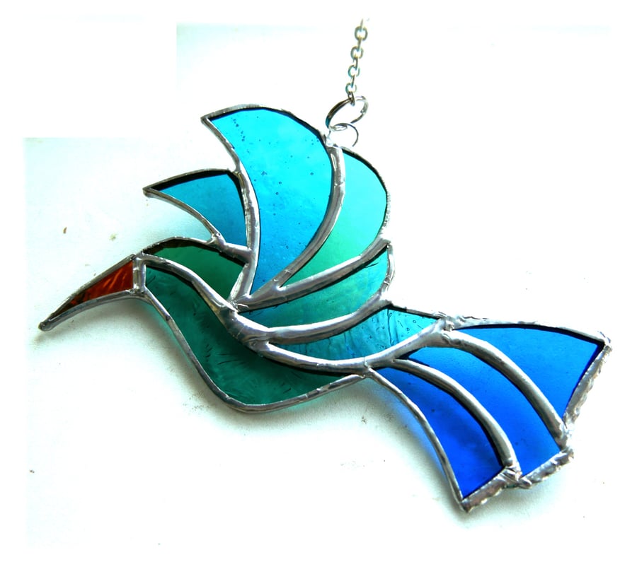 Hummingbird Blue Teal Suncatcher Stained Glass Handmade Bird