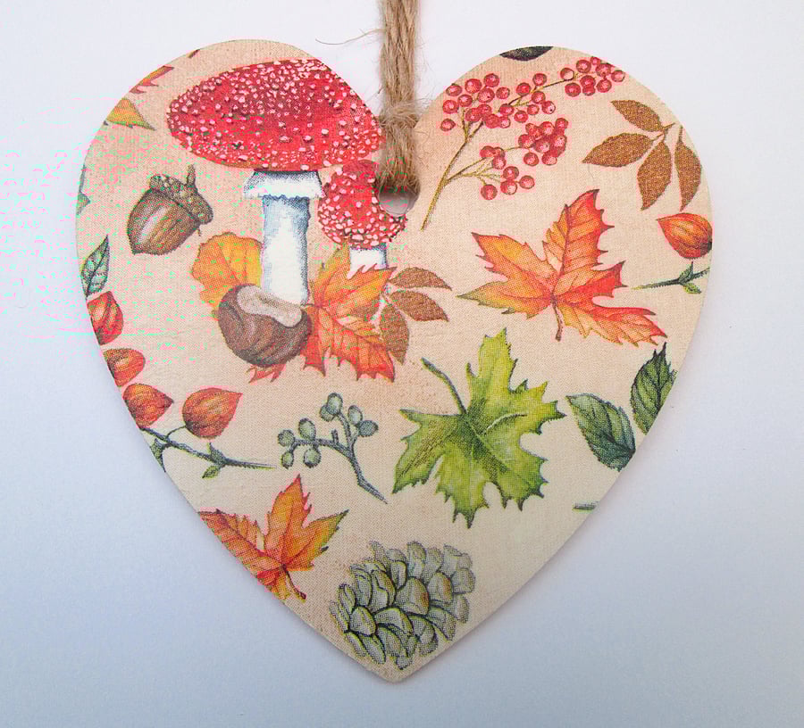 Autumn leaves and fungi wood decoupage heart hanging decoration