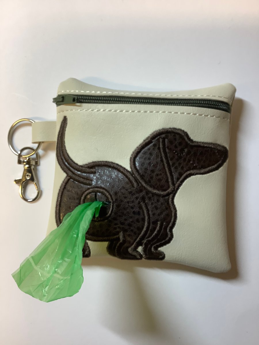 Lovely  Dachshund  Embroidered Cream faux leather dog poo bag ,dog walking,