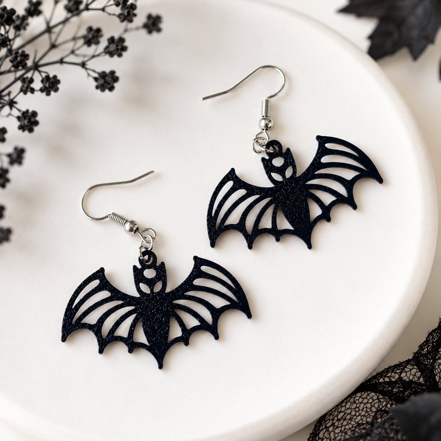 Black bat earrings, Gothic Halloween Jewellery, Silver dangle