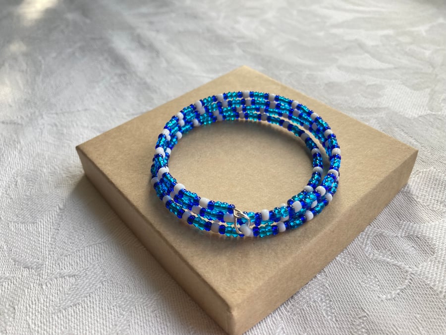 Blue & White memory wire bracelet 