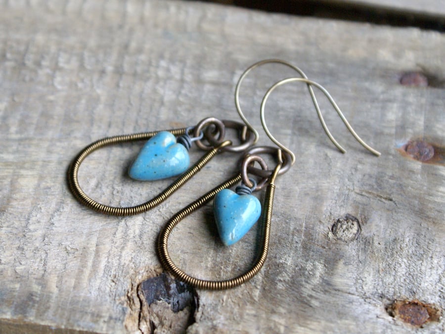 Turquoise Ceramic Heart Wire Earrings