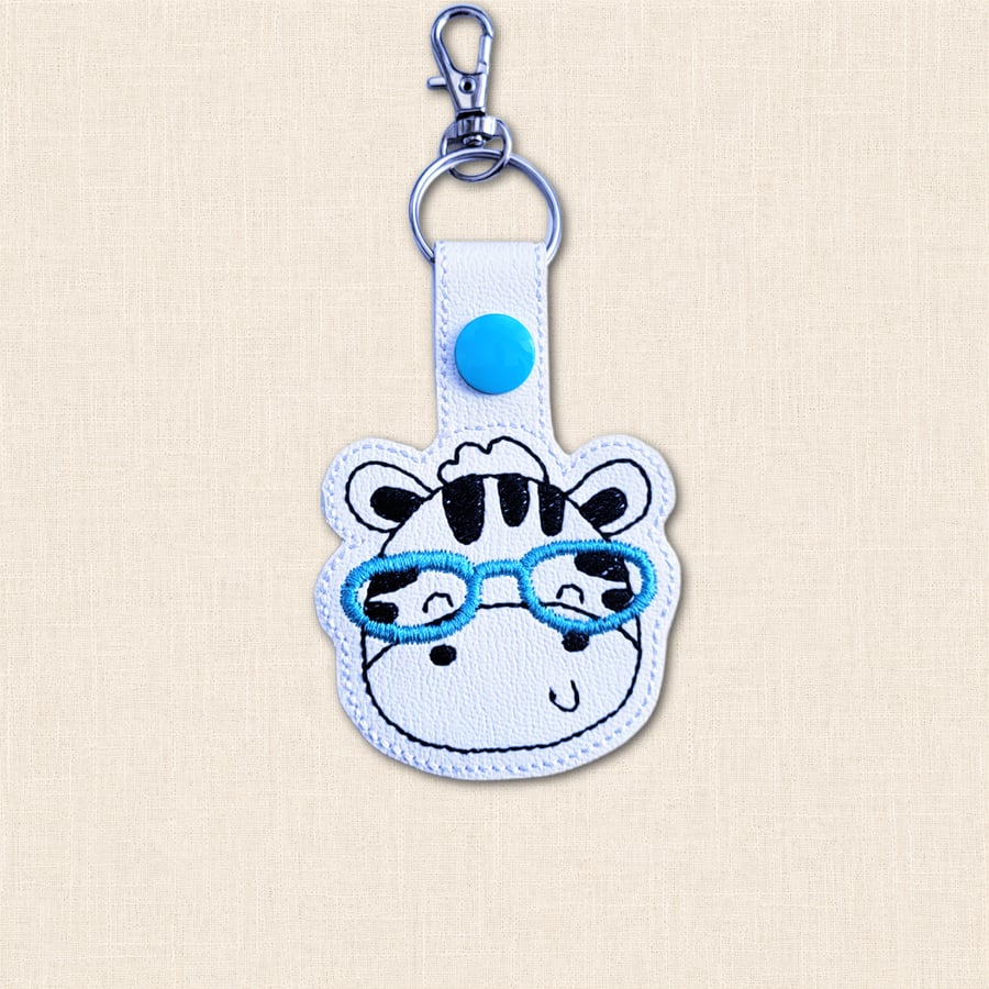 Kawaii Zebra Keyring - Embroidered Animal Bag Charm with Glasses