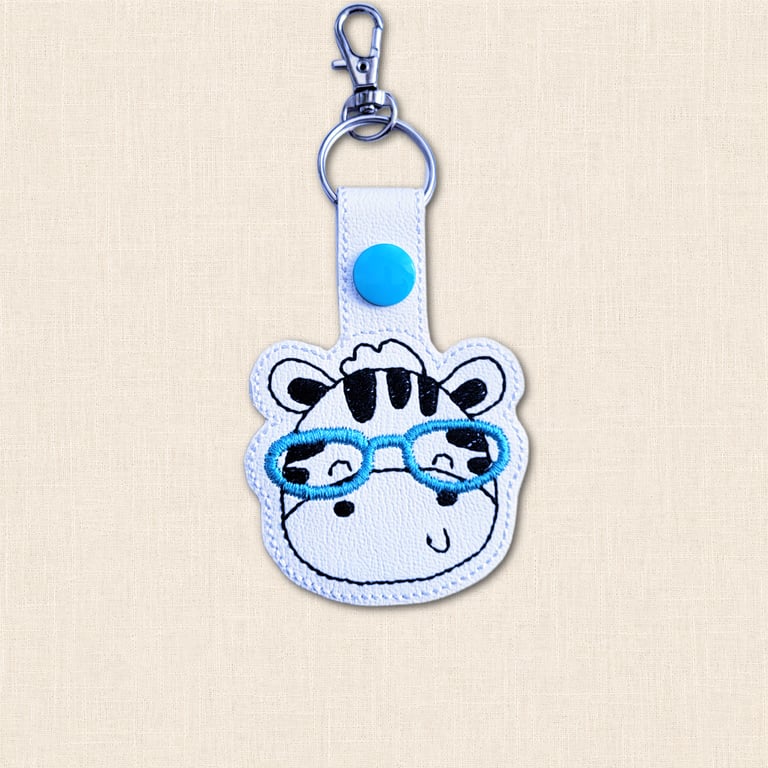Kawaii Zebra Keyring - Embroidered Animal Bag Charm with Glasses