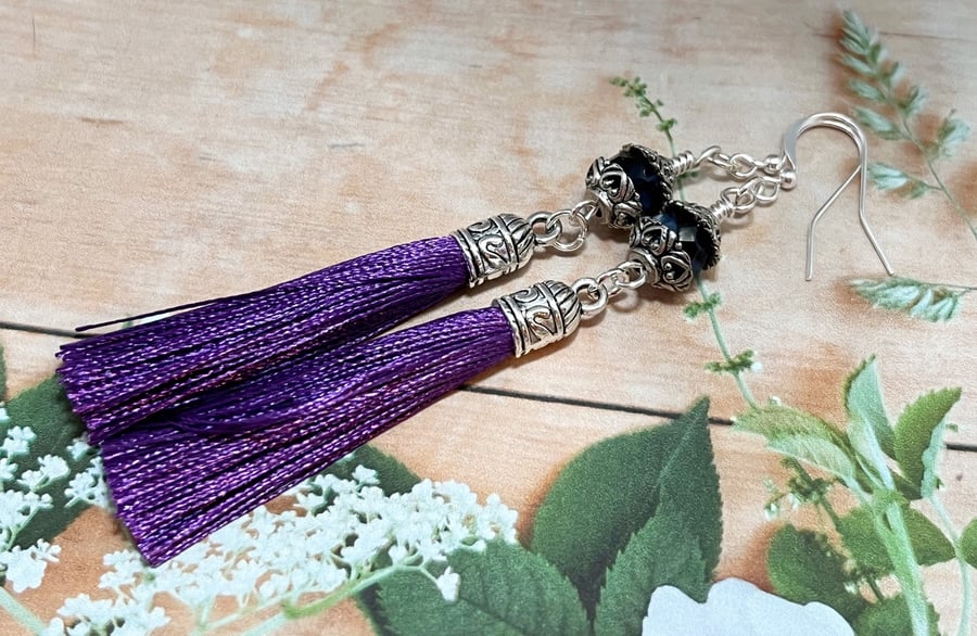 Long deep purple Czech glass beaded tassel earrings