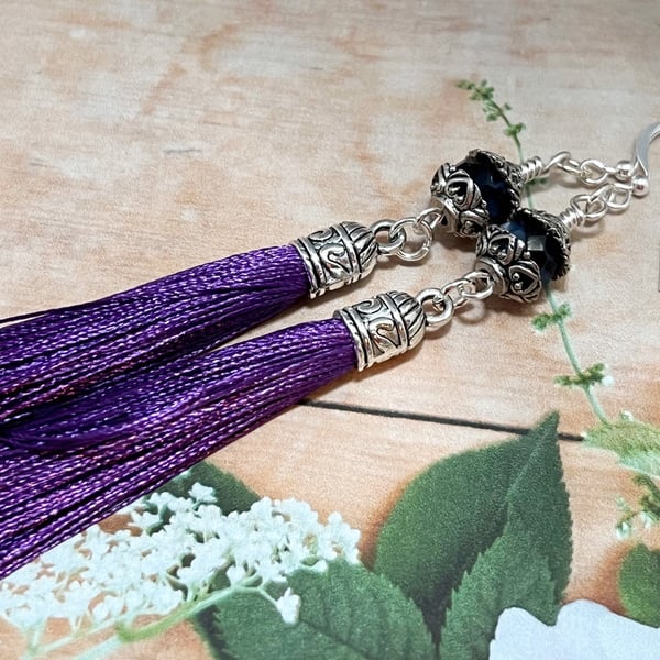 Long deep purple Czech glass beaded tassel earrings