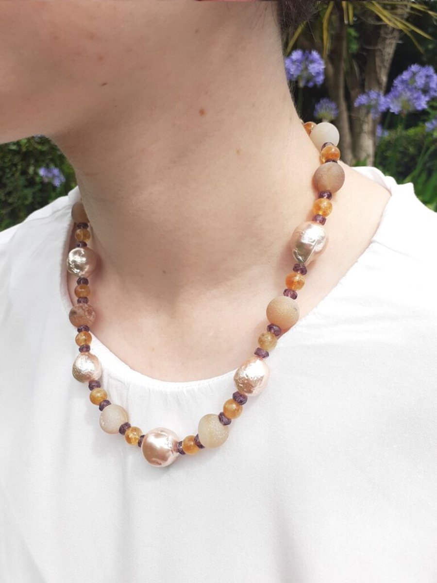 Citrine, Agate and Amethyst Beaded Pearl Necklace