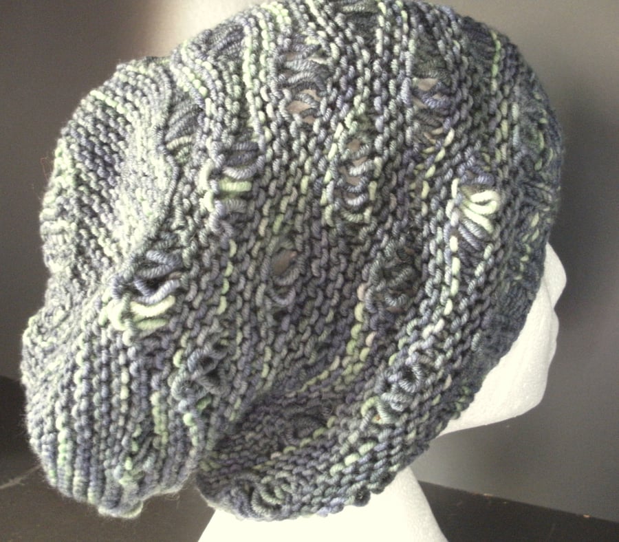 Handknit LADIES SLOUCH BEANIE hand dyed merino BLUES & GREENS MEDIUM
