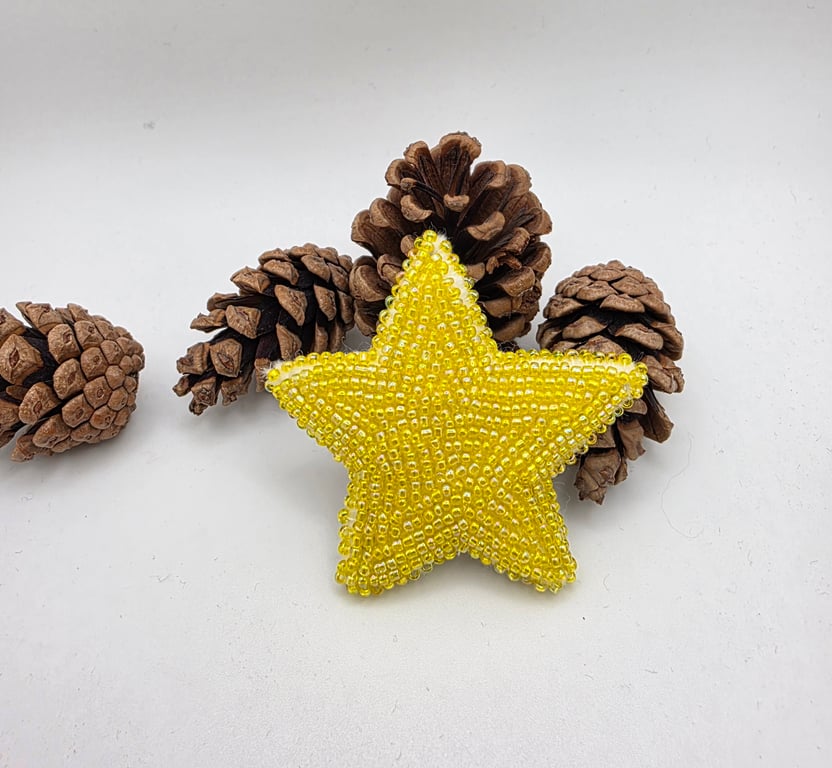 Yellow star bead embroidery brooch