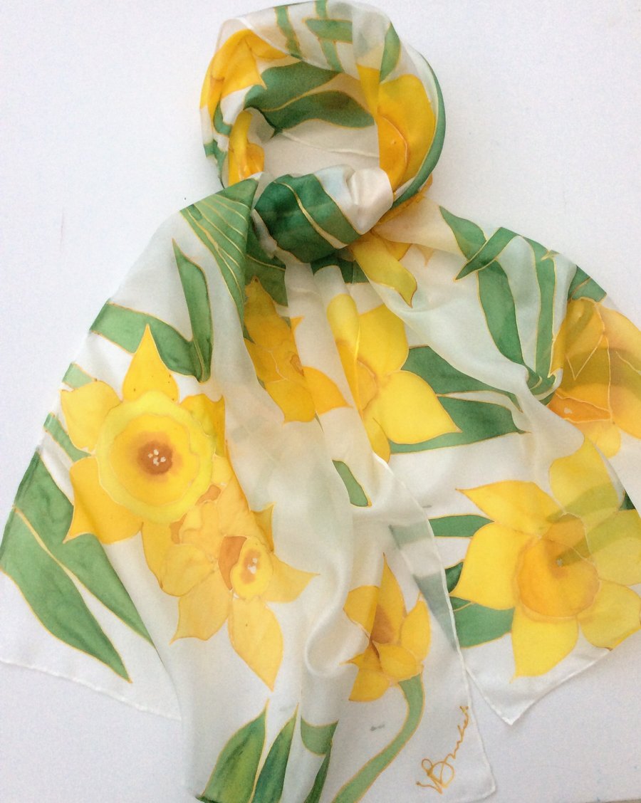 Daffodils hand painted silk scarf