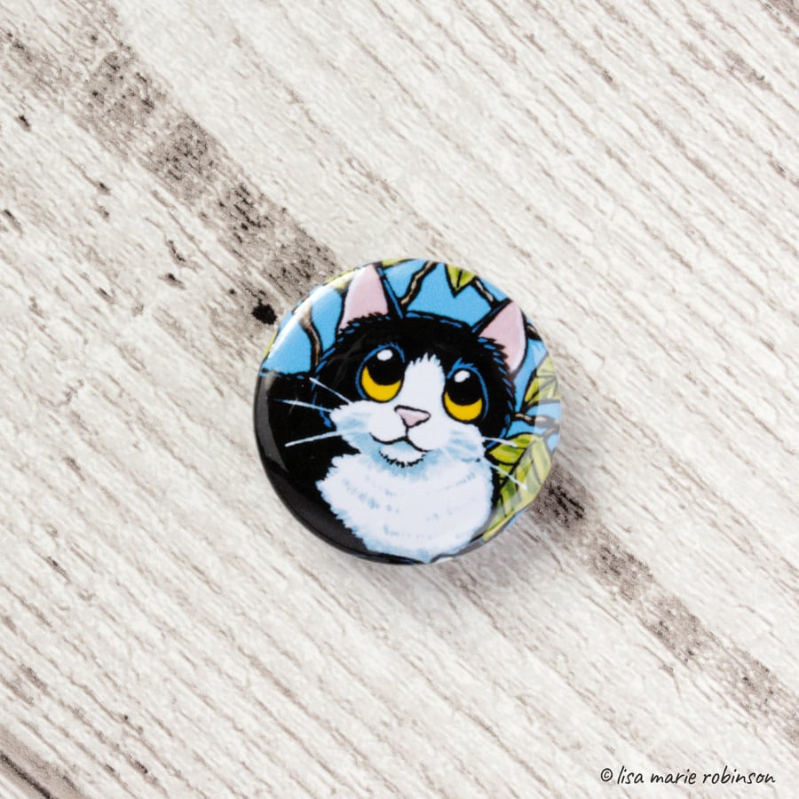 Black & White Cat with Tree Leaves Button Badge - 1 inch