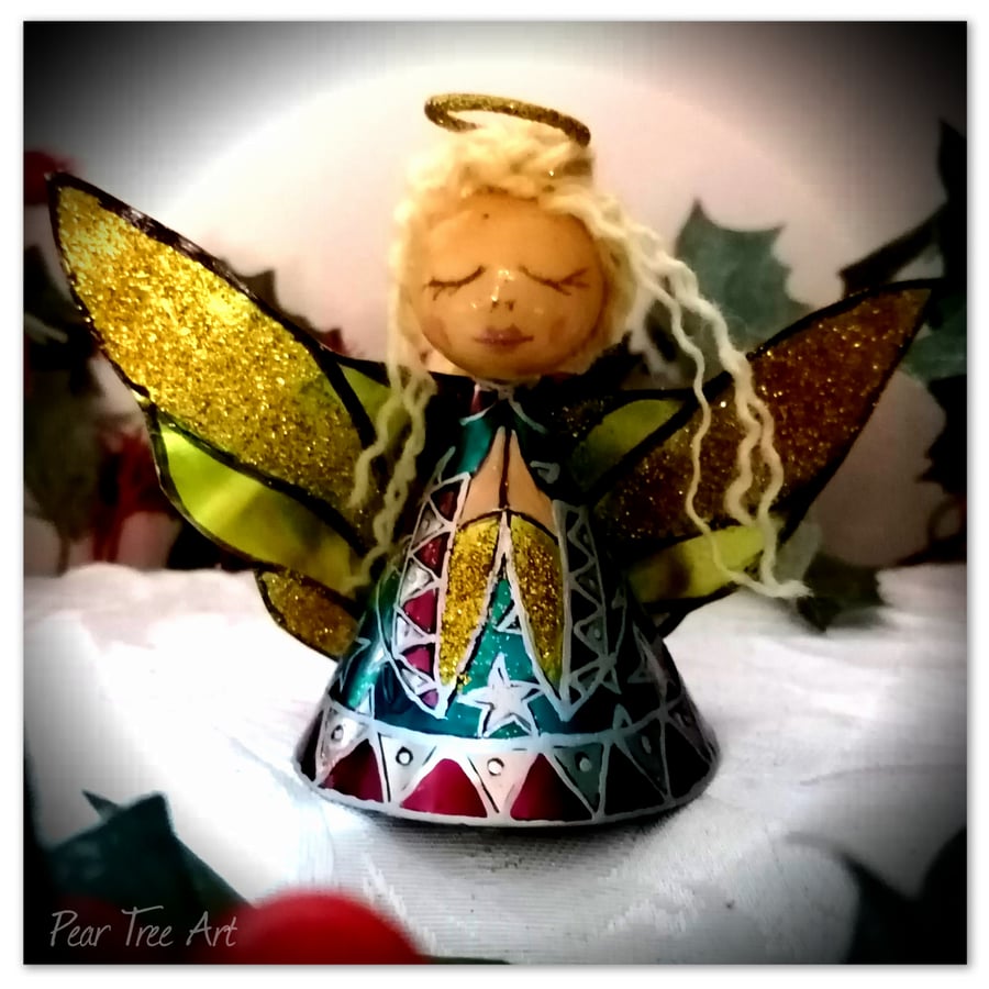 Small: Tin Angel Christmas Tree decoration (Turquoise and dark pink ) 