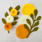 Yellow Felt Ranunculus Flowers, Yellow die cut felt flowers