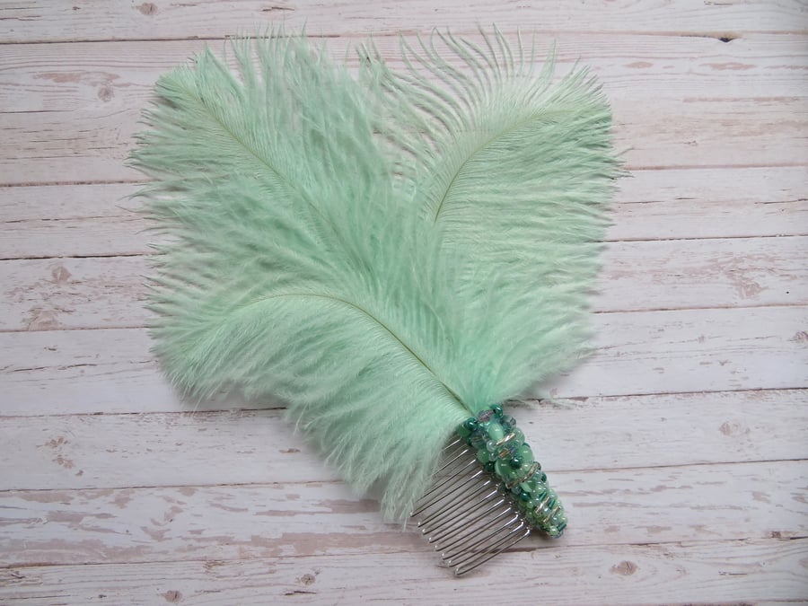 Pale Mint Aqua Bridgerton Regency Inspired Feather Beaded Hair Comb 