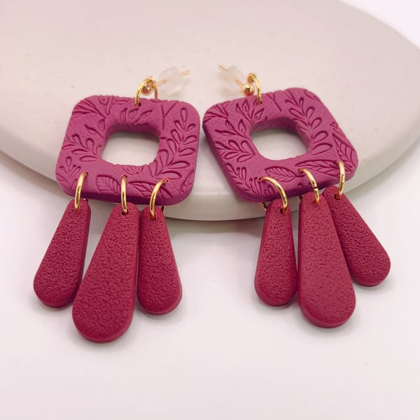 Burgundy dangle clay earrings for her, Lightweight handmade jewellery for gift