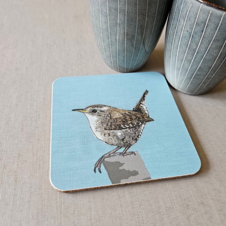 Wren coaster, melamine, cork backed