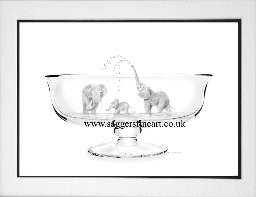 A5 The Watering Bowl - Elephant Limited Edition African Wildlife Print
