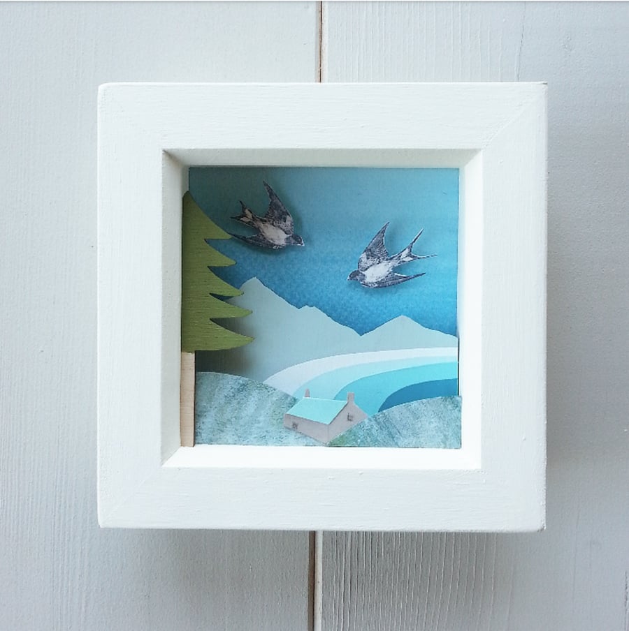 Bothy in the Bay Diorama, Coast and Mountains Shadow Box, Scottish Landscape