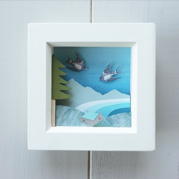 Bothy in the Bay Diorama, Coast and Mountains Shadow Box, Scottish Landscape