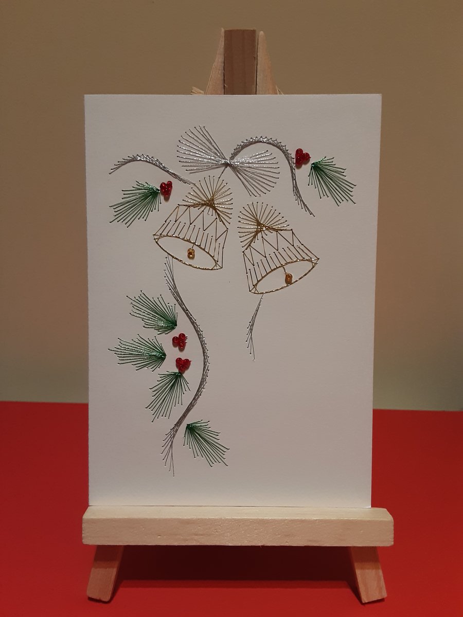 Bells with Bow and Holly. Hand Embroidered Christmas Card.