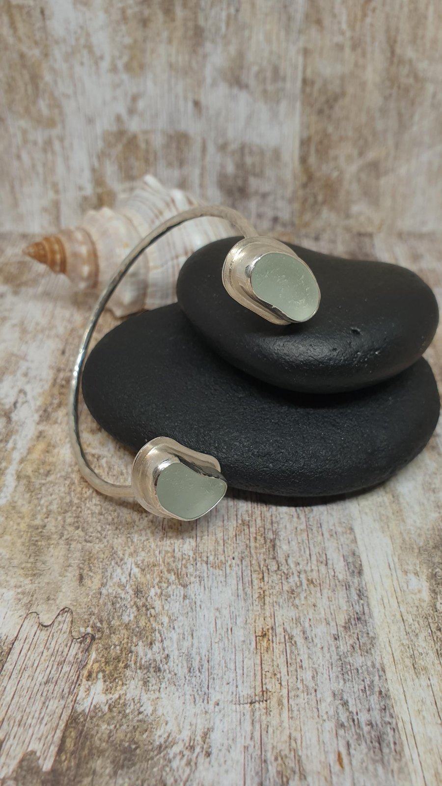 Unique Sterling Silver 925 Double Foam Colour Seaham Seaglass Adjustable Bangles