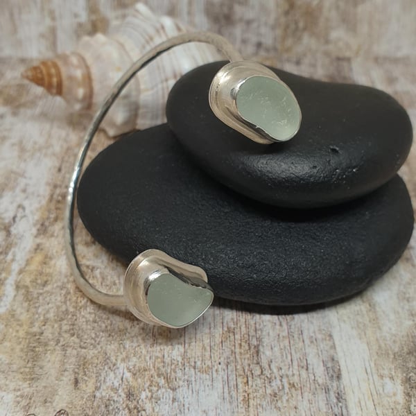 Unique Sterling Silver 925 Double Foam Colour Seaham Seaglass Adjustable Bangles