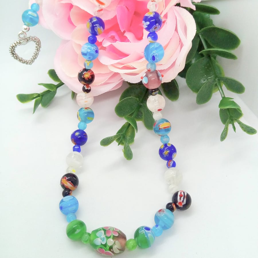 Shades of Blue Green and White Millefiori Bead Necklace, Summer Necklace