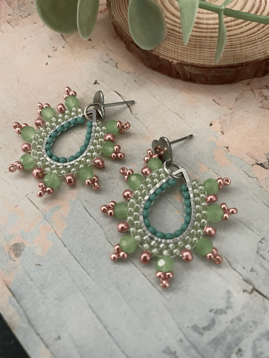 Pretty green and gold teardrop design beaded statement handcrafted earrings 