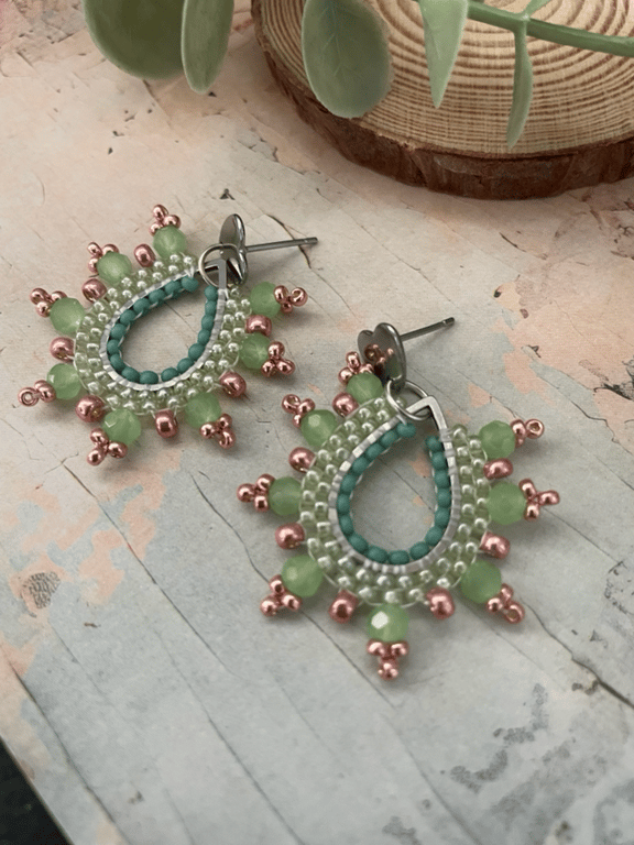 Pretty green and gold teardrop design beaded statement handcrafted earrings 