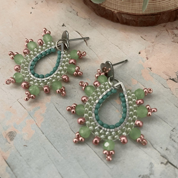 Pretty green and gold teardrop design beaded statement handcrafted earrings 