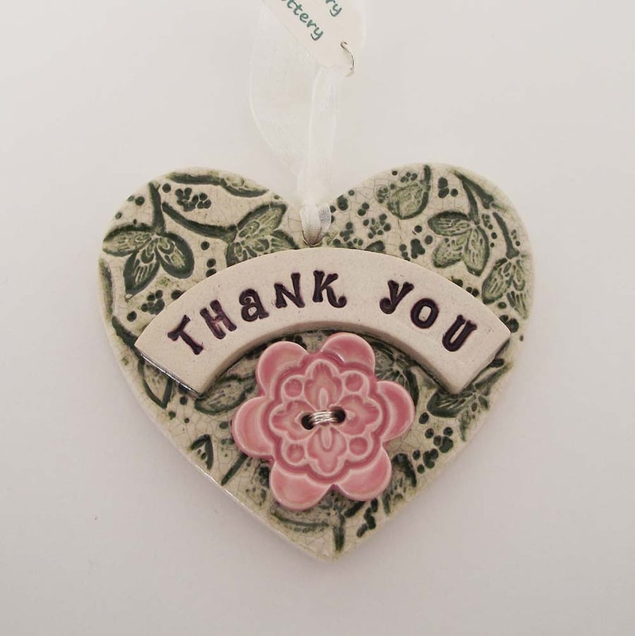 Ceramic Thank You heart with flower button