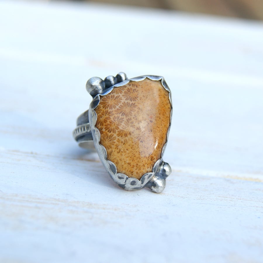 Fossil Coral Rustic Ring, Large Stone Ring, Boho Jewellery
