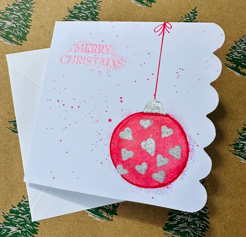 Contemporary Christmas watercolour art card with red bauble and silver hearts 