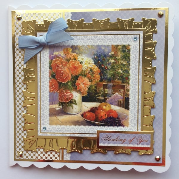 Thinking of You or Birthday Card Vintage Roses and Still Life Fruit 3D Luxury