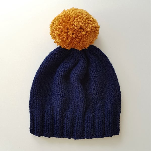 Bobble Hat in Navy Blue Chunky Yarn with Mustard Pom Pom