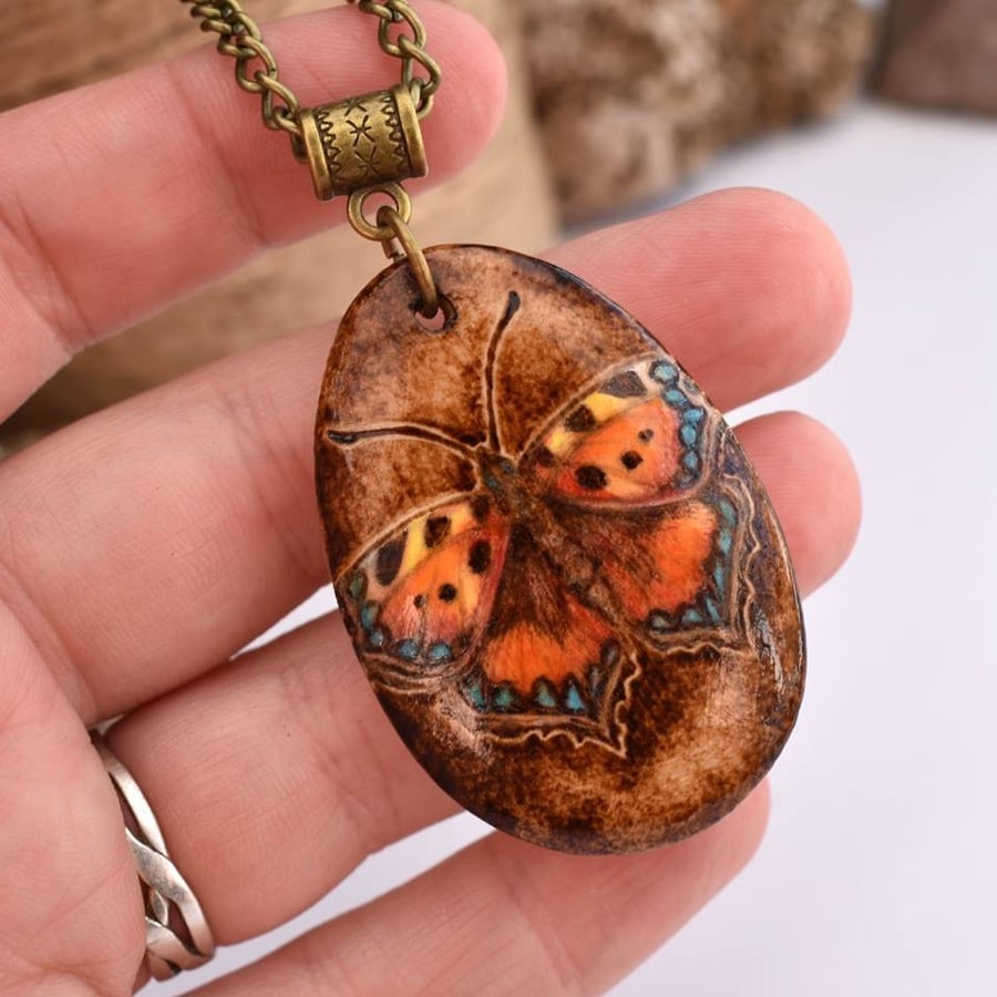 Pyrography small tortoiseshell butterfly on wood. British Wildlife gift.