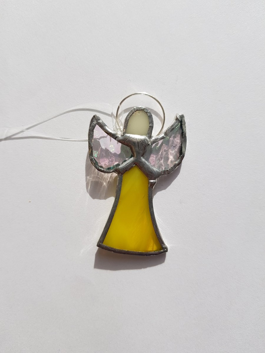 172 Stained Glass Small Yellow Skirt Angel - handmade hanging decoration.