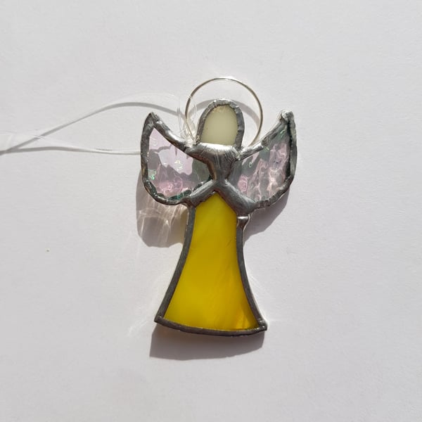 172 Stained Glass Small Yellow Skirt Angel - handmade hanging decoration.