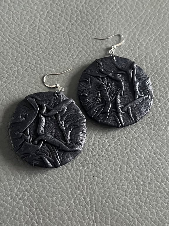 Handcrafted Black Textured Leather Earrings - Modern Styles Circle Earrings 